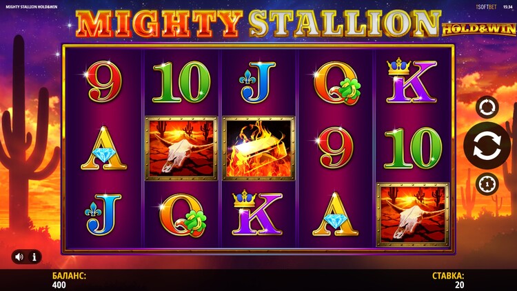 Slot machine Mighty Stallion Hold & Win (शक्तिशाली स्टैलियन होल्ड और विन)